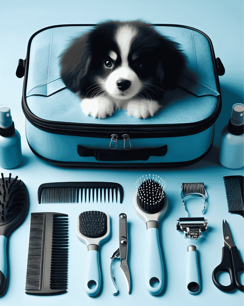 Puppy grooming tools laid out for checklist at PawBasic in Mississauga