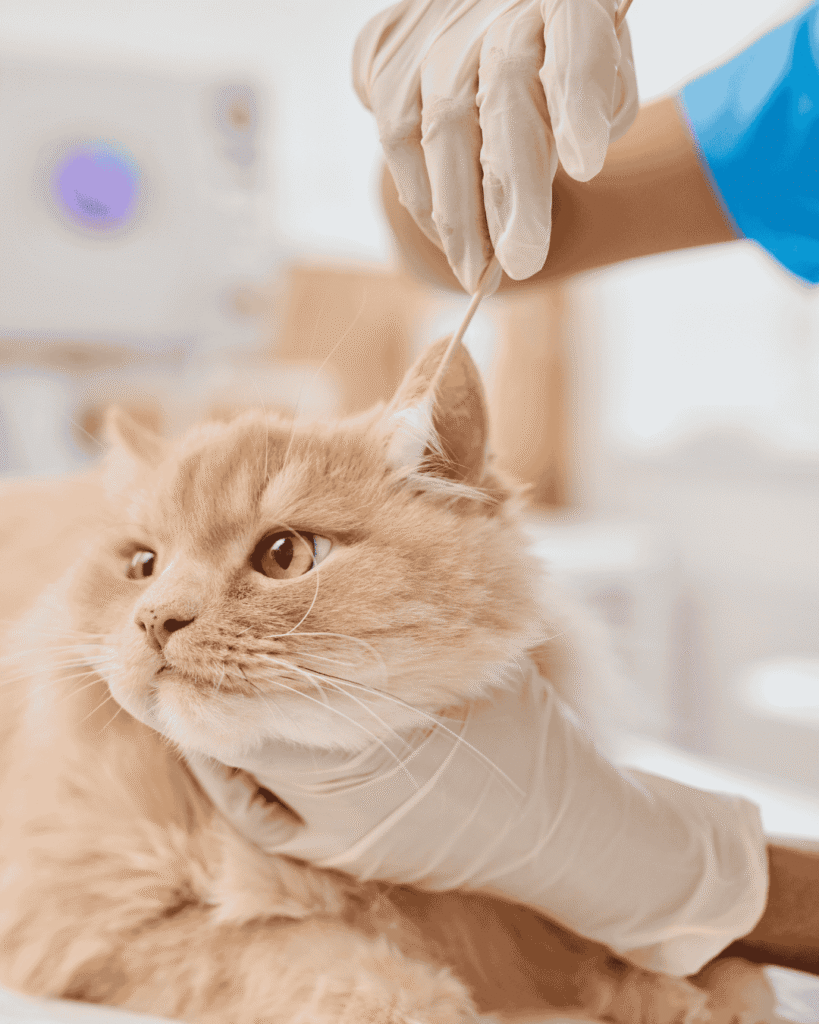 Cat receiving gentle ear cleaning at PawBasic in Mississauga