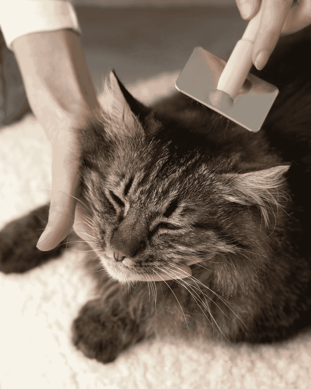 Kitten enjoying at-home spa day with grooming tools from PawBasic in Mississauga